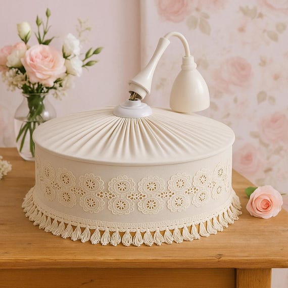 Vintage Scandinavian Ceiling Lamp with Embroidered Fabric Shade – White