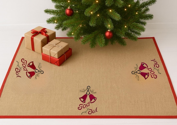 Vintage Swedish Christmas Burlap Tablecloth: Red Bells & God Jul