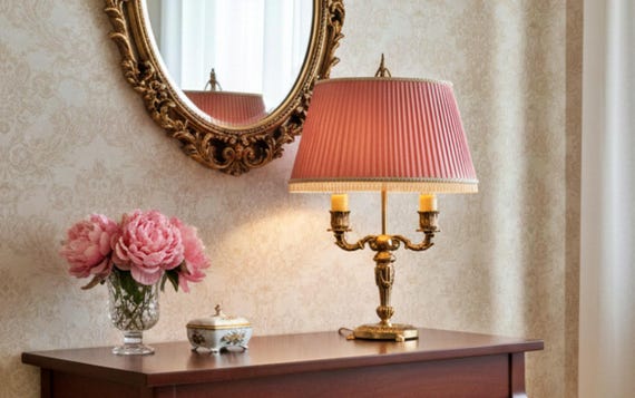 Mid-century, two-arm, bouillotte brass table lamp with pink shade, MCM