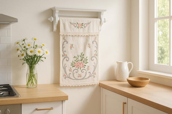 Vintage Swedish Wall Towel Rack with Shelf – White Painted Wood wall towel with Embroidered Linen Curtain – Scandinavian Folk Kitchen Decor