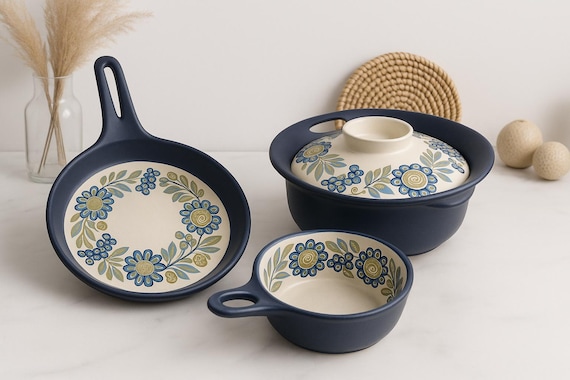 Figgjo Flint Norway Tor Viking Flameware – Vintage Mid Century Modern Ceramic Cookware Set – Skillet, Bowl & Covered Dish