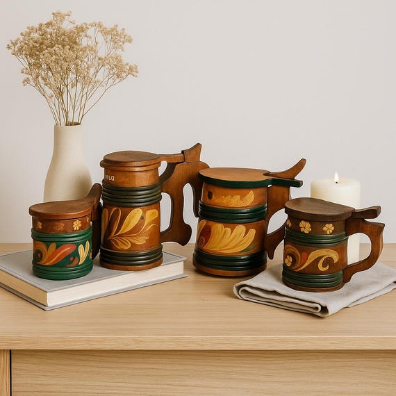 Vintage Kurbits Painted Wooden Tankard Set 4  – Hand-Painted Scandinavian Folk Art Decor Mugs
