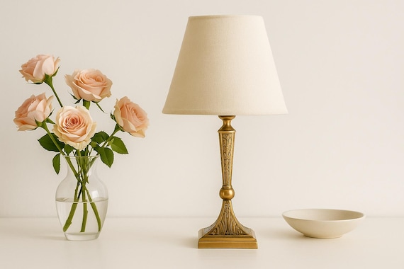 Vintage brass table lamp - solid brass with floral relief and fabric shade - classic European bedside lamp - elegant antique table lamp