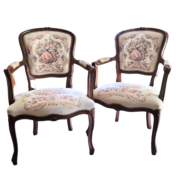 Antique French Louis XV Needlepoint Armchair - Hand-Carved with Pastoral Scene and Floral Upholstery - Sold Individually or as a Pair