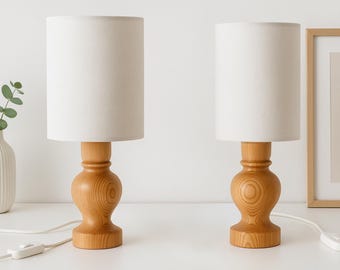 Mid Century Modern Pine Table Lamps - Scandinavian Wood Nightstand Lights