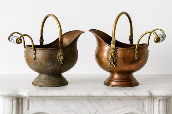 Vintage Copper Coal Buckets – Blue & White Ceramic Handles, Lion Heads, Copper Planters, Fabulous Patina, Early 1900s