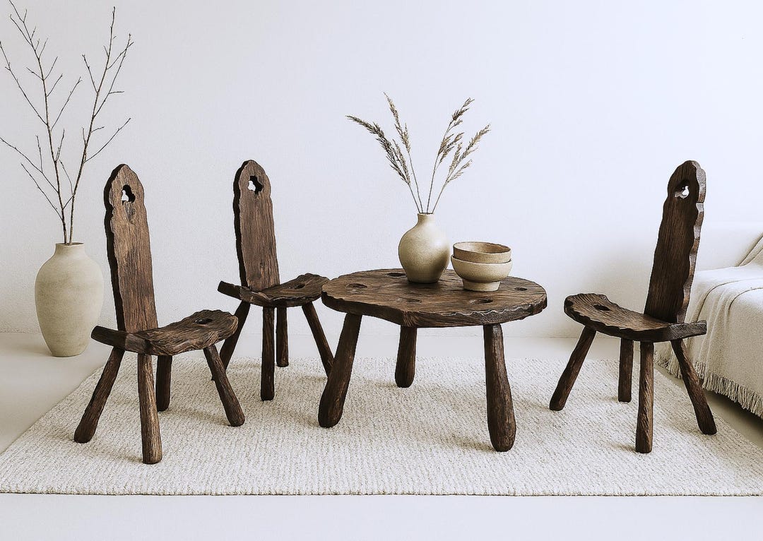 Brutalist Tripod Chairs and Table. Swedish Wabi-sabi Folk Art