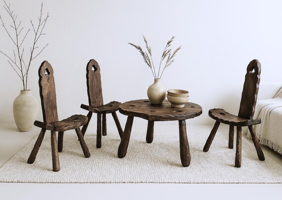 Rustic Wood Chair & Table - Sculptural Seating with a Folk Art Twist