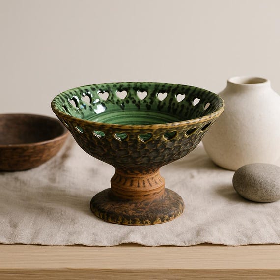 Mid Century Scandinavian Pedestal Bowl – Green Ceramic Candle Holder – Tolla Keramik Sweden – Heart Cutout Folk Art Pottery