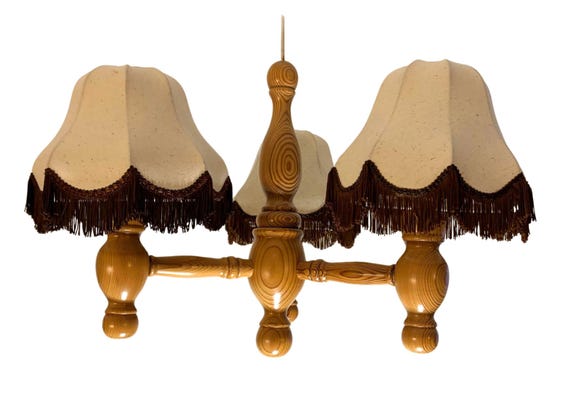 Vintage Scandinavian Pine Chandelier – Retro Wooden Ceiling Light with Fabric Lampshades , Mid century Modern Ceiling