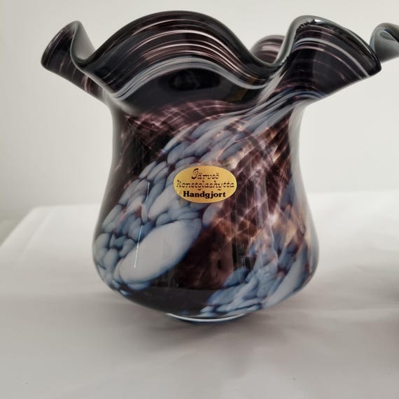 Scandinavian Handblown Glass Vase – Purple & White Cloud Pattern, Unique Swedish Art Glass Vase – Wavy Rim, Handcrafted by Järvsjö
