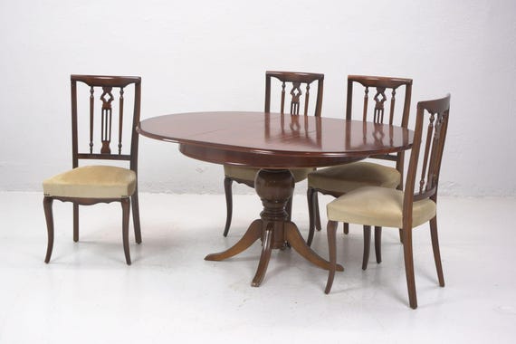 Antique Mahogany Dining Table and Chippendale Style Chairs, Cream Upholstery - Elegant Dining Set