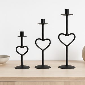 Mid Century Wrought Iron Candle Holders – Scandinavian Heart Shaped Forged Candleholder Set (3 pcs)