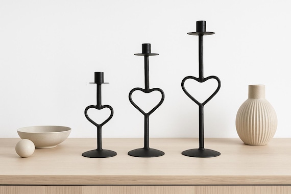Mid Century Wrought Iron Candle Holders – Scandinavian Heart Shaped Forged Candleholder Set (3 pcs)