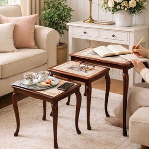 Scandinavian vintage Mahogany rococo stackable side table set of 3, 1960s Swedish Design