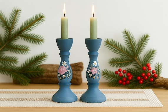 Vintage Swedish Blue Wooden Candlesticks – Hand-Painted  Folk Art – Scandinavian Country Cottage Decor – Pair of 2 , Christmas Decoration