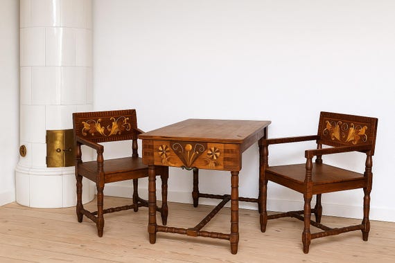 Antique Swedish Drop-Leaf Table & Chairs –Dining set - Hand-Painted Kurbits Folk Art – Rosmålning Design – Rare Scandinavian Set Circa 1900