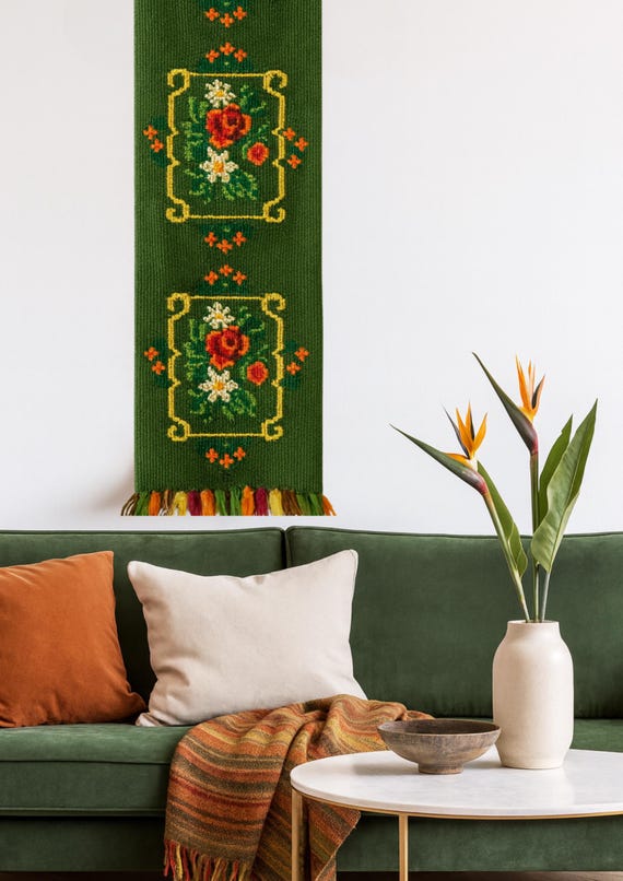 Vintage Swedish Wall Hanging – Boho Floral Wall Tapestry – Handwoven Wool Decor