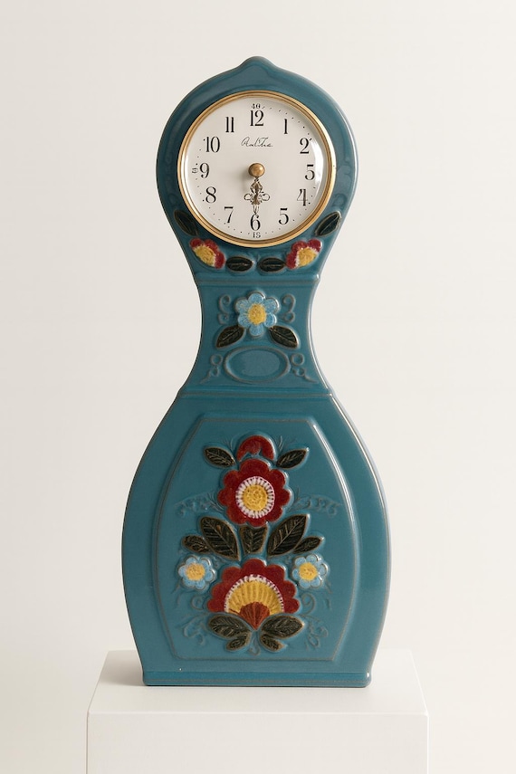 Vintage Jie Gantofta Sweden Hand-Painted Floral Ceramic Mora Clock – Mid-Century Scandinavian Home Decor