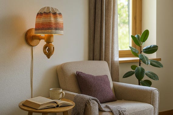 Mid Century Modern Scandinavian Wooden Nightstand Lamp-  Pine Wall Lamp- Original fabric lampshade