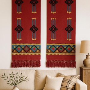 Set of 2 Vintage Swedish Handwoven Wool Tapestries: Extra Long Folk Art Runners