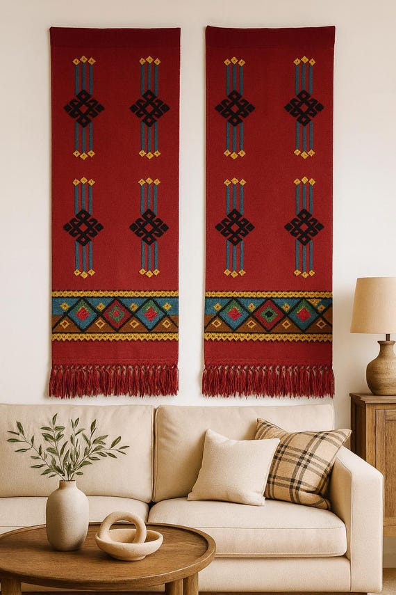 Set of 2 Vintage Swedish Handwoven Wool Wall Tapestries – Extra Long Folk Art Runners ,1900s Textile – Nordic Farmhouse & Boho Wall Decor,