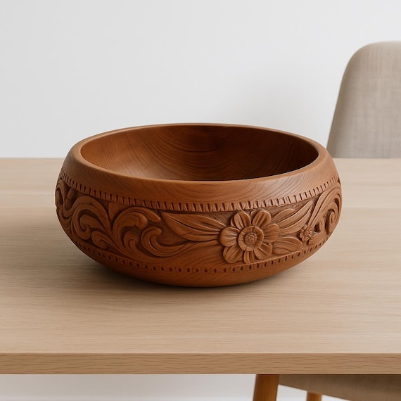 Hand Carved Teak Wood Bowl: Mid-Century Scandinavian Floral Centerpiece