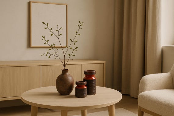 Scandinavian ceramic vases, rustic red brown pottery, Japandi wabi sabi decor, vintage mid-century home styling, handmade Sweden