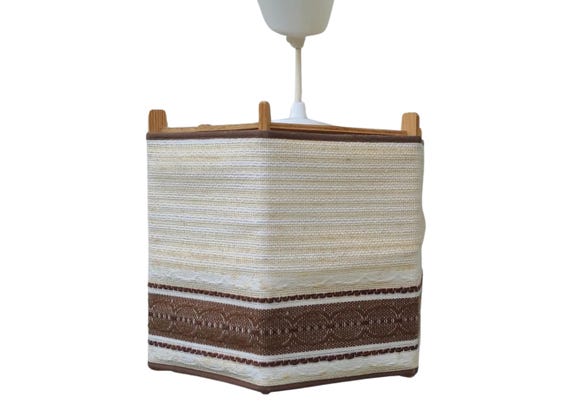 Scandinavian Pine Wood Chandelier, Retro Pine Ceiling Light with Textile Shade, 1970s Scandinavian Design , Mid Century Danish Pendant