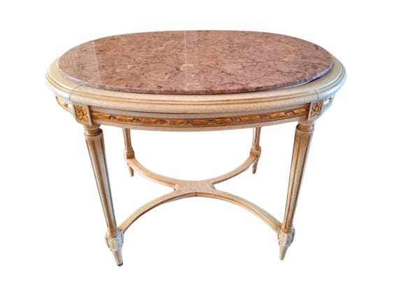 Antique Gustavian Side Table with Marble Top – Hand-Painted, Gold Accents, French Louis XVI Style