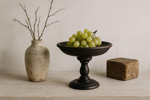 Antique Wooden Pedestal Bowl – Rustic Dark Wood Stand, Farmhouse Fruit Bowl, Wabi-Sabi Japandi Decor, 19th Century Patina