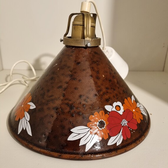 Vintage Enamelled Hanging Lamp Scandinavian design 70s , retro brown pendant with orange and red flowers , Retro Pendant Light