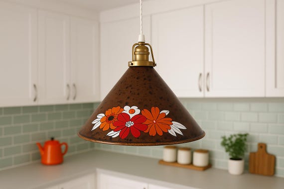 Vintage Enamelled Hanging Lamp Scandinavian design 70s , retro brown pendant with orange and red flowers , Retro Pendant Light