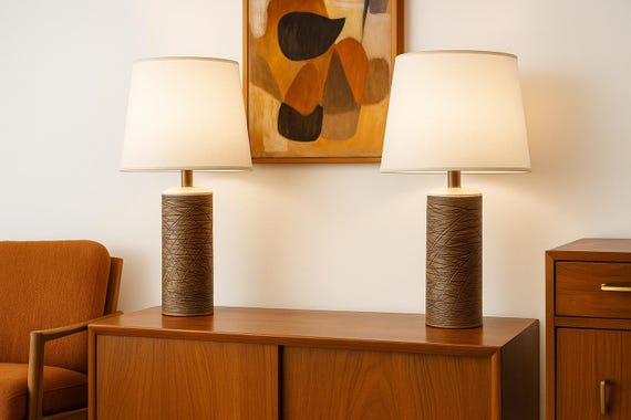 Vintage MCM Pottery ,Aage Rasmus Selsbo Table Lamps  – Unique Sgraffito Stoneware Ceramic Art Pottery, Scandinavian Design, Sweden, 1960s
