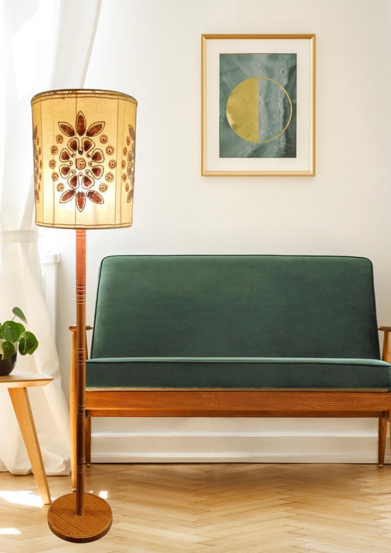 Vintage Scandinavian Wooden Floor Lamp with Embroidered Floral Shade, Mid-Century Modern Design