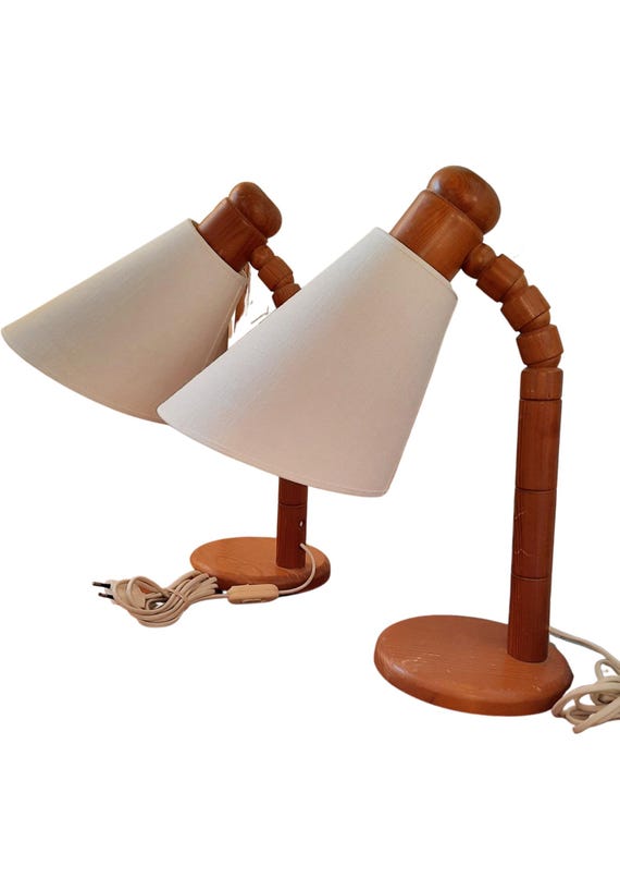 Vintage Mid Century Modern Swedish Pine Table Lamps – SOLBACKEN – Scandinavian Wooden Retro Adjustable Nightstand Lamps