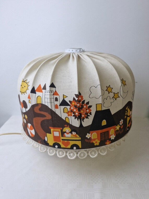 Vintage Retro Children's Room Lampshade with Castle and Train Print – Playful Scandinavian Design