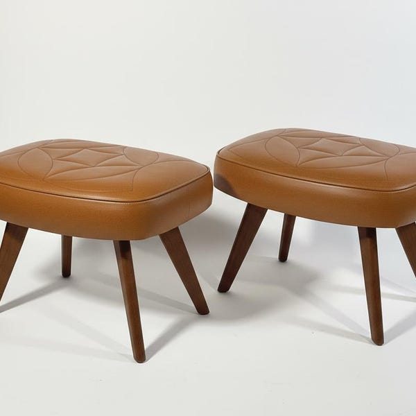 Teak and Cognac Leatherette Ottoman. Scandinavian Mid-Century Modern Pouf, 1960s. Sold Individually