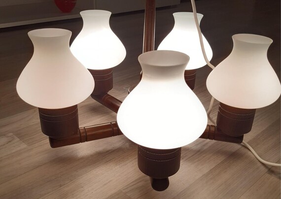 Vintage Teak Hanging Lamp by Vitrika Denmark,70s/Danish Hanging Lamp in Wood and Opaline Glass/Scandinavian Light/Mid Century Modern Light