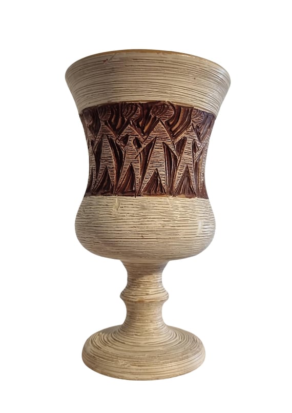 Vintage Swedish Studio Pottery Chalice: Brutalist Ceramic Vase, Tribal Motif