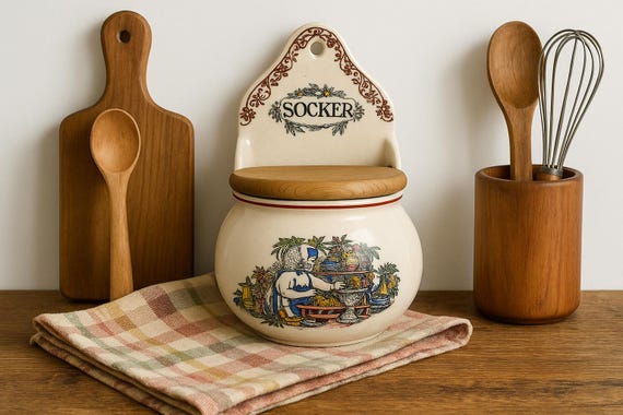 Vintage Danish Ceramic Sugar Jar – Åksini Stentøj Denmark – Wall-Mounted Socker Pot with Wooden Lid – Scandinavian Kitchen Decor