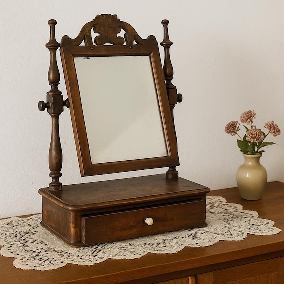 Antique Swedish Shaving and Dressing Table Mirror with Drawer – Turned Wood Swivel Mirror Stand, Vintage Makeup and Shaving Mirror