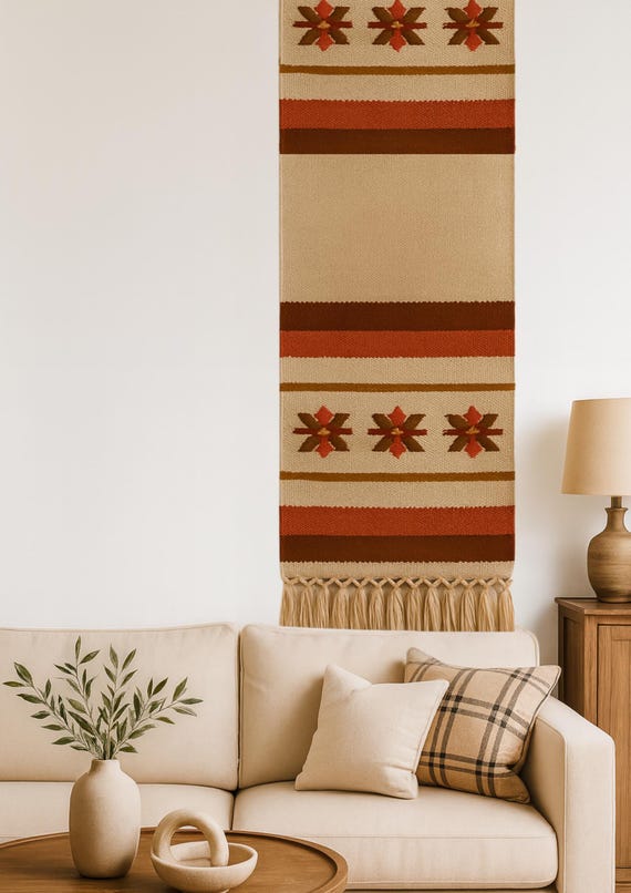 Vintage Swedish Handwoven Wool Tapestry – Extra Long Folk Art Runner / Striped Textile Mid 1900s – Nordic Farmhouse Decor
