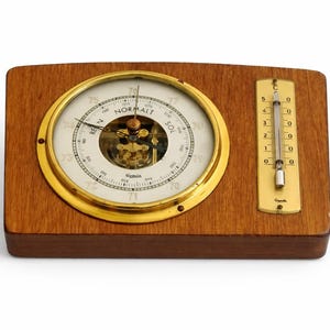 Barómetro y termómetro Genia, Suecia, década de 1960, madera de teca, latón, estación meteorológica de escritorio, estilo retro.