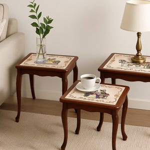 Vintage table set | 3 rococo style mahogany wood nesting tables, hand painted ceramic tiles, 1960s Swedish design