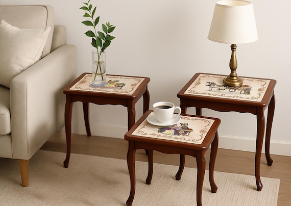Vintage table set | 3 rococo style mahogany wood nesting tables, hand painted ceramic tiles, 1960s Swedish design