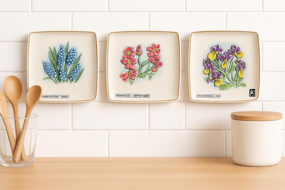 JIE Gantofta Sweden Wall Plaque – Vintage Botanical Relief – Scandinavian Floral Art – Handmade Ceramic Tile – March May September