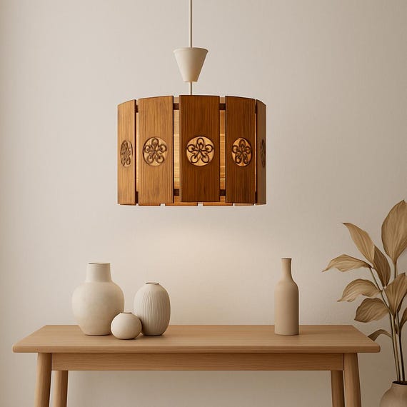 Vintage Scandinavian Wooden Pendant Light – Wabi-Sabi Japandi Ceiling Lamp with Carved Medallions, Mid Century Modern Style, 1960s ,Folk art