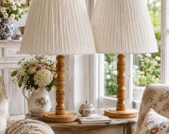 Table Lamp Set of 2, Cream Pleated Lampshades, Swedish Turned Pine, Mid-Century Cottagecore Lighting