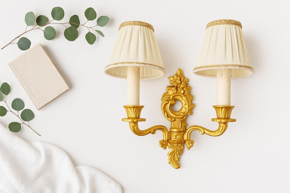 Antique French Louis XV Rococo Gilt Solid Brass Wall Sconce – Double Arm Candle Holder Light with Fabric Shades – Ornate Gold Wall Lamp